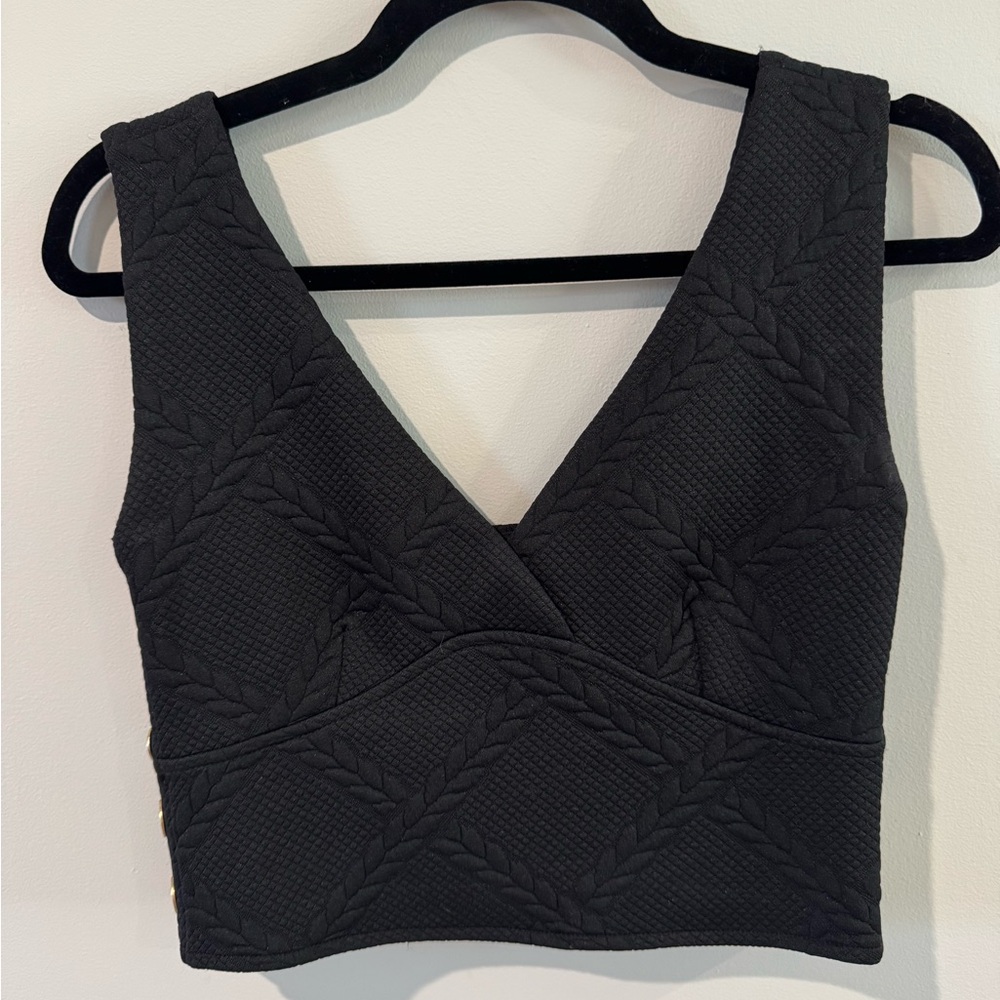 Maeve Anthropologie Black Textured Cropped Tank Top with button sides size XS